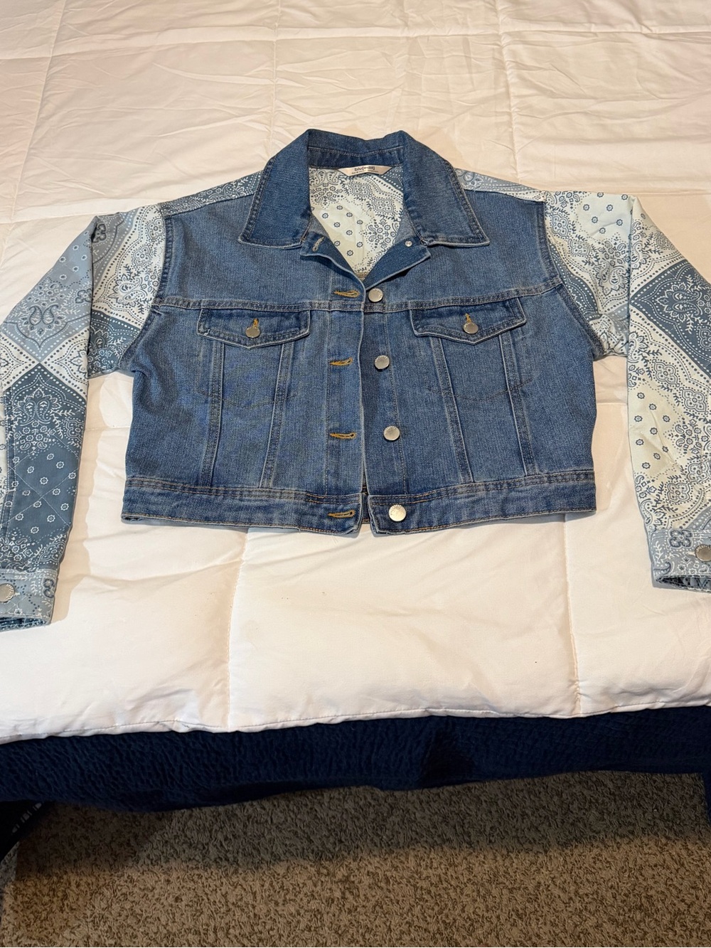 Cropped Blue Denim Jacket with Light Blue Bandana-Print Sleeves